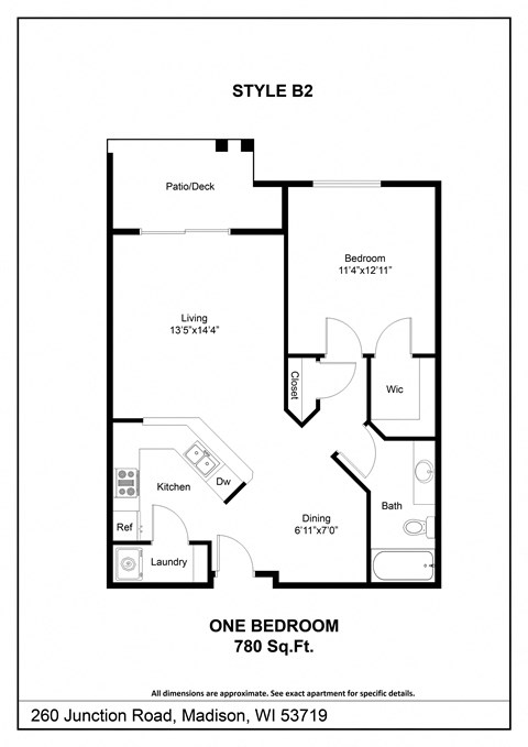 Floor plan for 1 bed, 1 bath, 780 sqft